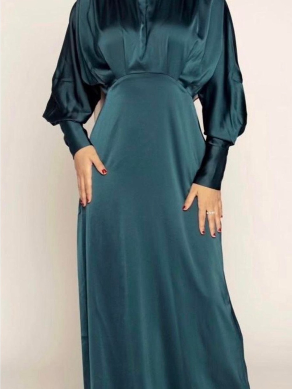 Long Sleeve Satin Maxi Dress in Teal - Elegant Women's Evening Gown